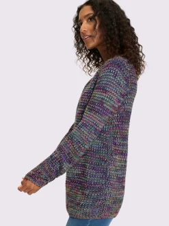 Pull à manches longues en tricot doux multicolore avec col rond
