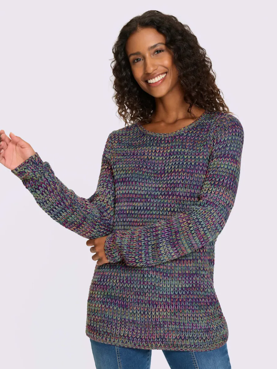 Pull à manches longues en tricot doux multicolore avec col rond