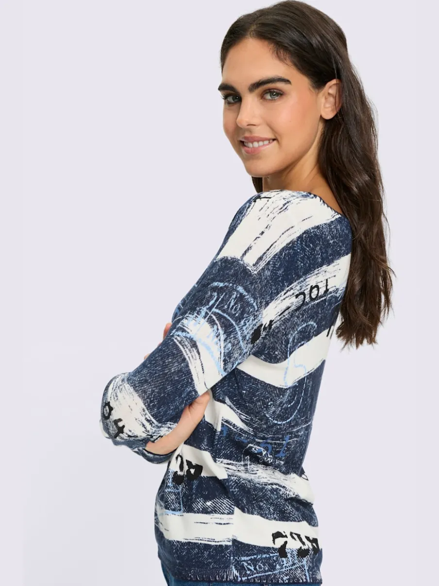 Pull à manches longues à rayures en coton-viscose avec encolure ronde