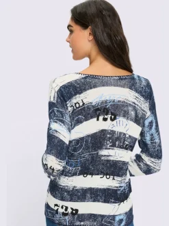 Pull à manches longues à rayures en coton-viscose avec encolure ronde