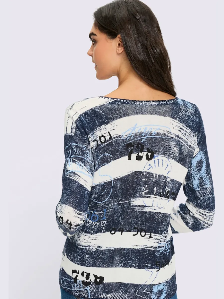 Pull à manches longues à rayures en coton-viscose avec encolure ronde