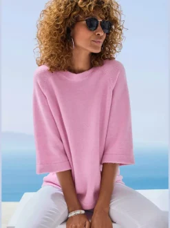 Pull à manches mi-longues encolure ronde avec bords-côtes tricotés