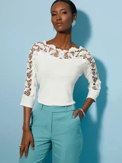 Pull à manches trois quarts en viscose avec dentelle