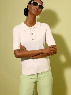 Pull polo à col classique avec manches courtes et volants tricotés
