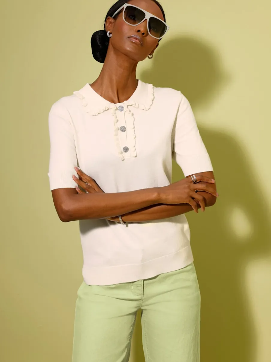 Pull polo à col classique avec manches courtes et volants tricotés