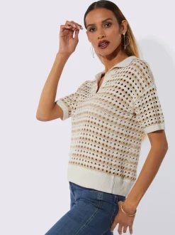 Pull polo léger à motif rayé et ajouré