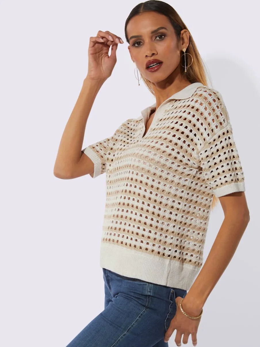 Pull polo léger à motif rayé et ajouré