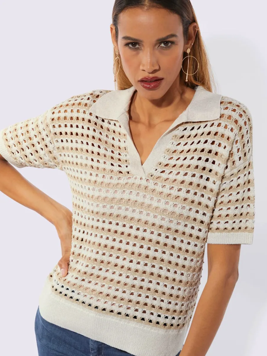 Pull polo léger à motif rayé et ajouré