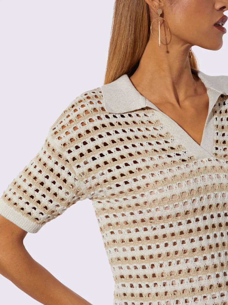 Pull polo léger à motif rayé et ajouré
