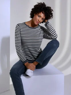 Pull rayé encolure ronde en viscose et laine mérinos