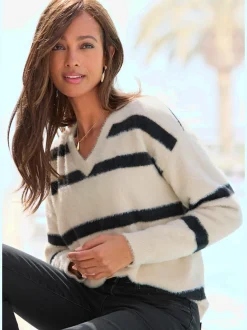 Pull à rayures avec col V et manches longues confortables