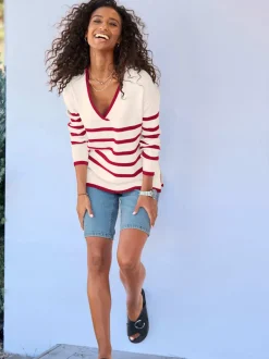 Pull à rayures avec encolure en V et manches longues