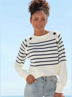 Pull à rayures avec encolure ronde et boutons sur le devant