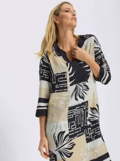Robe avec col V et manches 3/4 à motif graphique