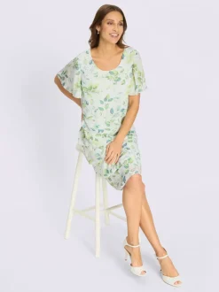 Robe avec motif feuilles manches chauve-souris et volants