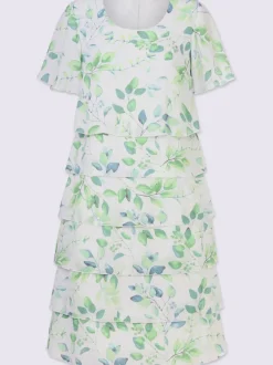 Robe avec motif feuilles manches chauve-souris et volants