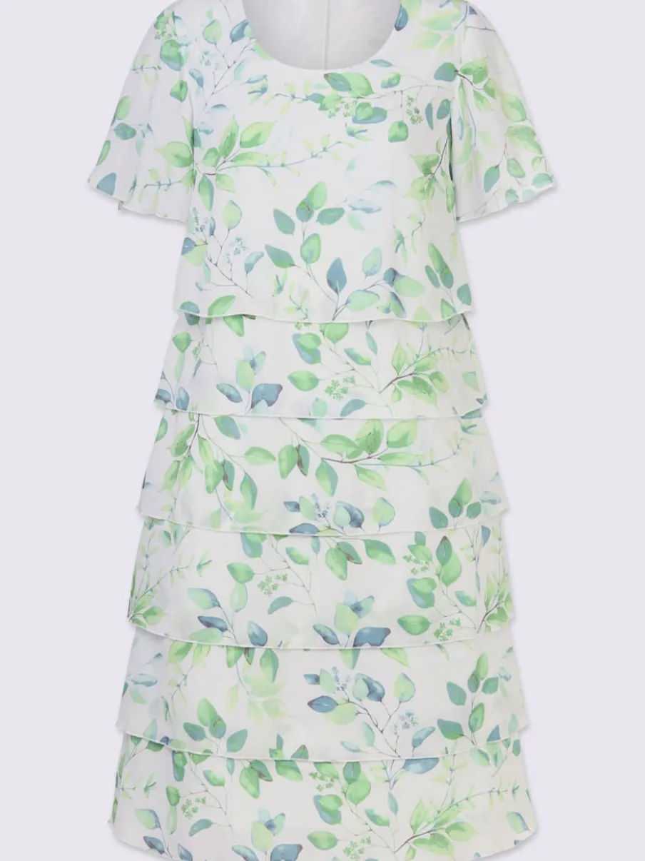 Robe avec motif feuilles manches chauve-souris et volants
