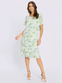 Robe avec motif feuilles manches chauve-souris et volants