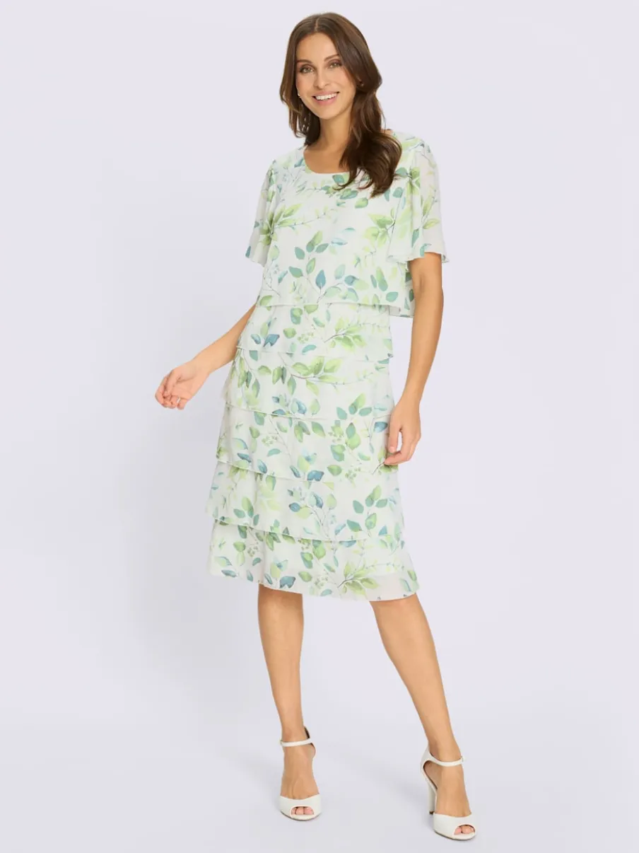 Robe avec motif feuilles manches chauve-souris et volants