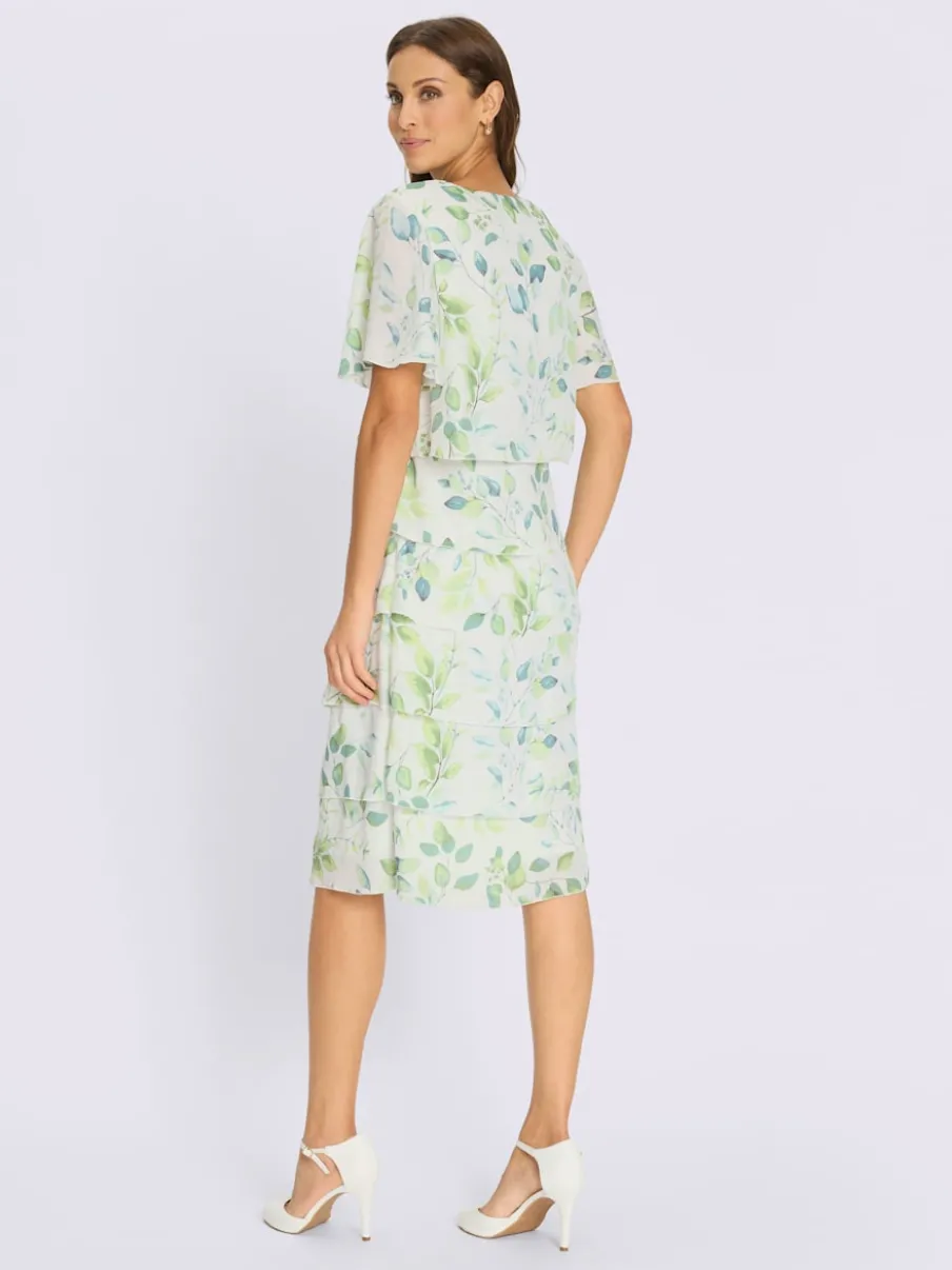 Robe avec motif feuilles manches chauve-souris et volants