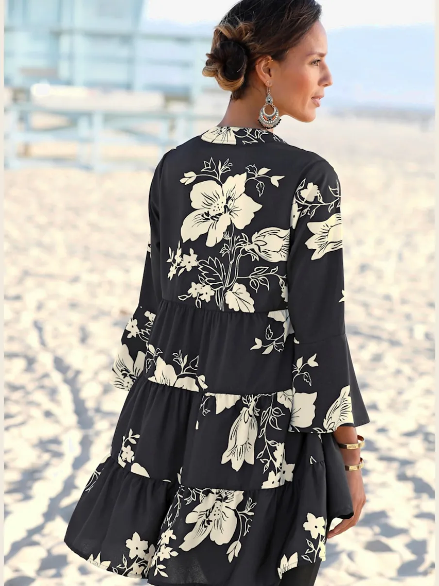 Robe chemisier décontractée à col V et manches 3/4 avec motifs floraux