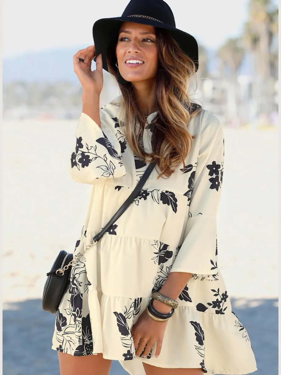 Robe chemisier décontractée à col V et manches 3/4 avec motifs floraux
