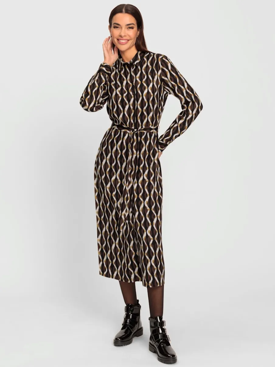 Robe-chemisier imprimée avec patte de boutonnage manches longues
