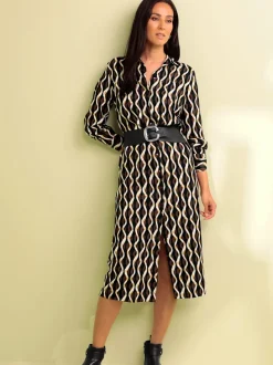 Robe-chemisier imprimée avec patte de boutonnage manches longues
