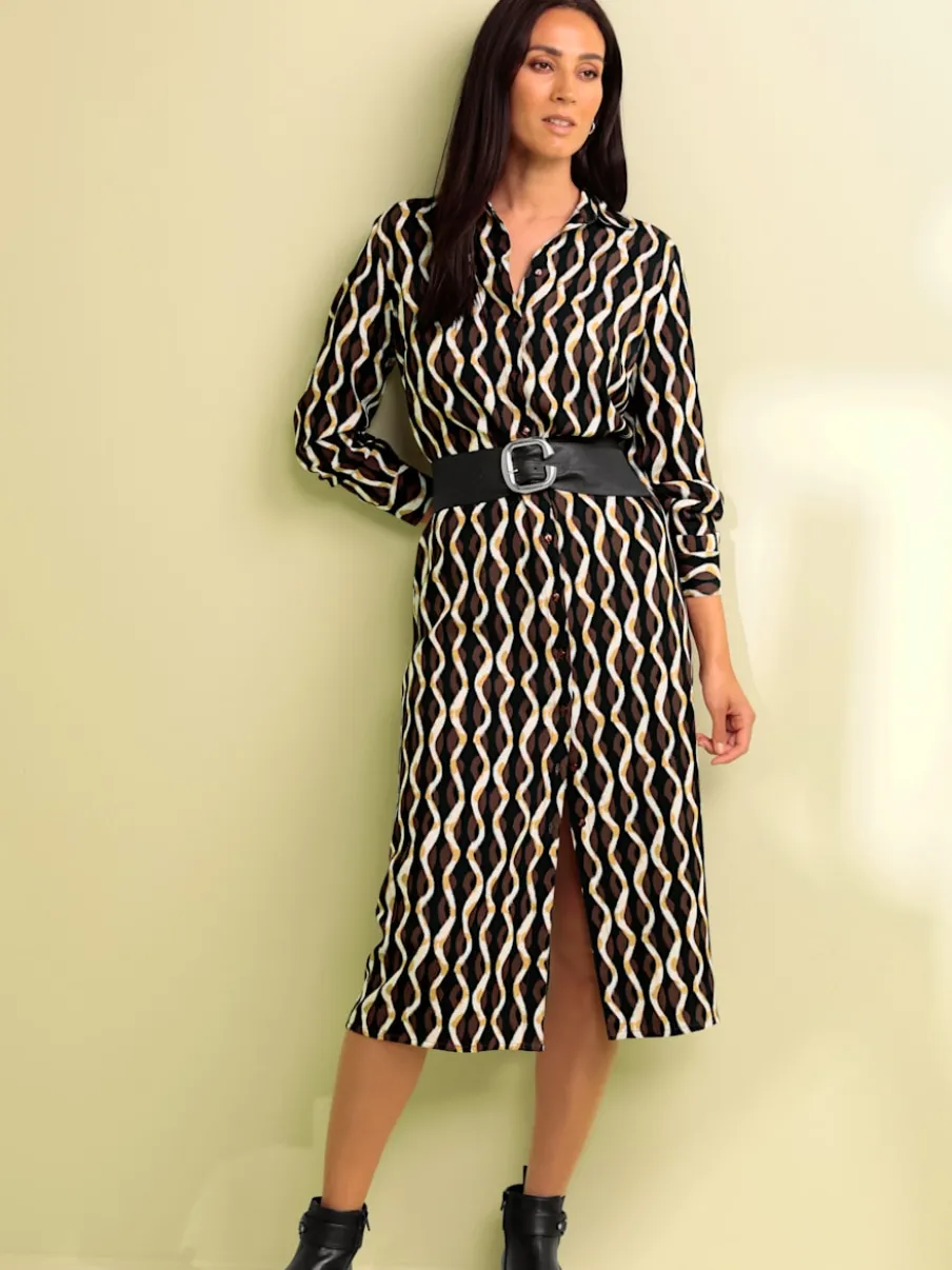 Robe-chemisier imprimée avec patte de boutonnage manches longues
