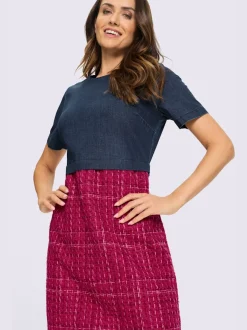Robe crayon à manches courtes avec empiècement en denim
