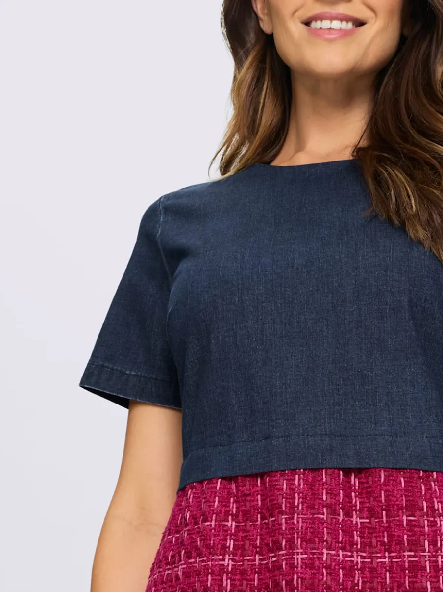 Robe crayon à manches courtes avec empiècement en denim