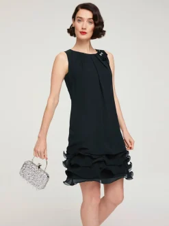 Robe de cocktail à encolure ronde et sans manches avec volants