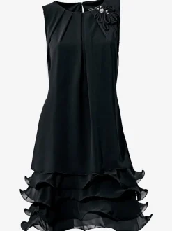 Robe de cocktail à encolure ronde et sans manches avec volants