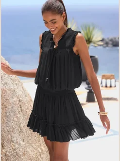 Robe de plage encolure ronde avec volants et ruban fantaisie
