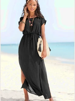 Robe de plage à encolure ronde avec mancherons et fentes latérales