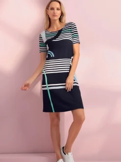 Robe droite à col rond avec rayures graphiques et manches courtes