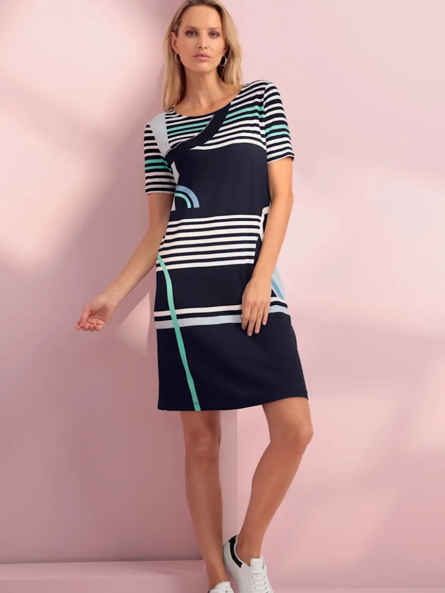Robe droite à col rond avec rayures graphiques et manches courtes