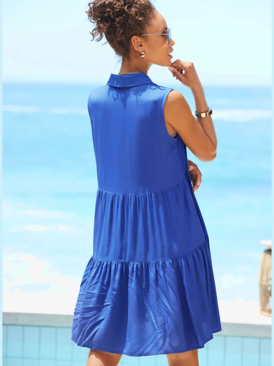 Robe d'été col chemisier boutonnée en viscose fluide