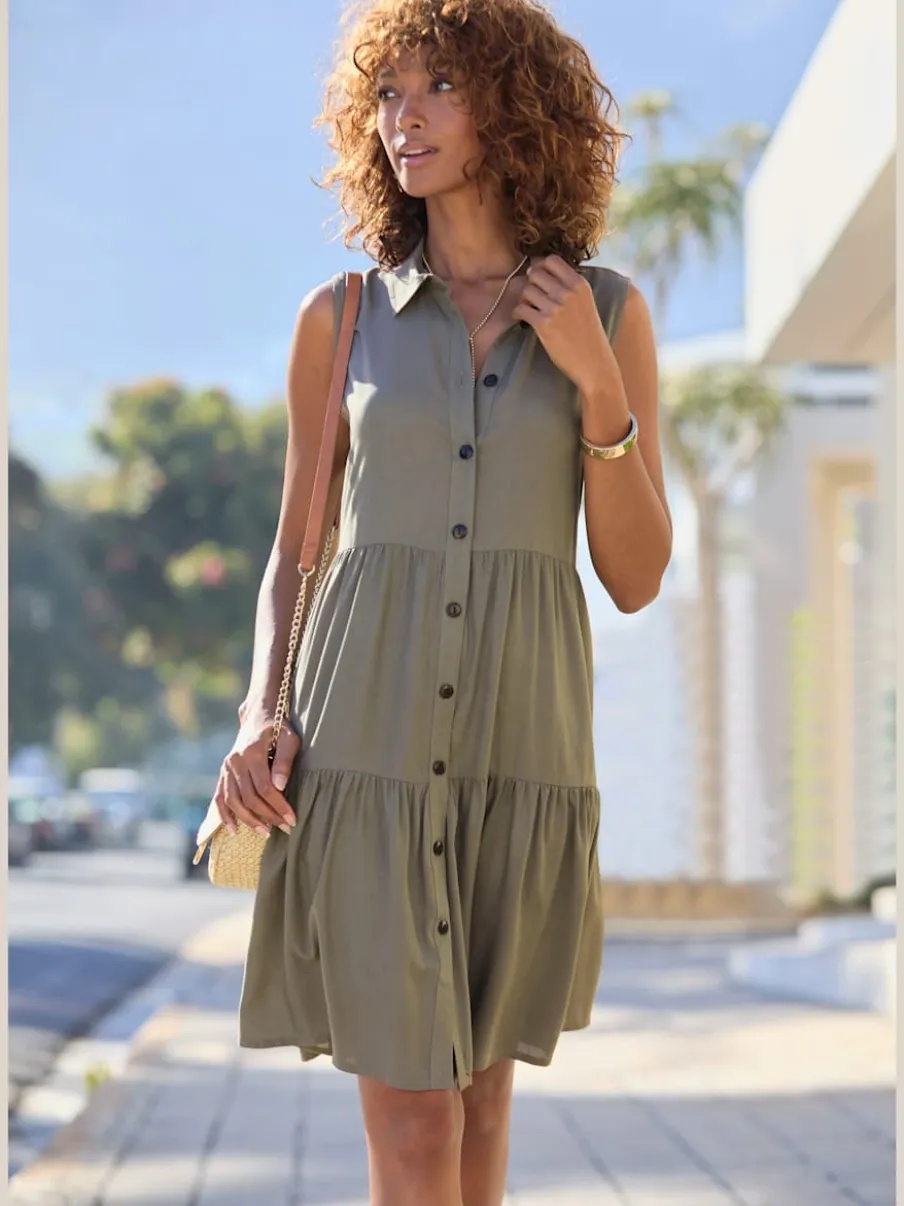 Robe d'été col chemisier boutonnée en viscose fluide