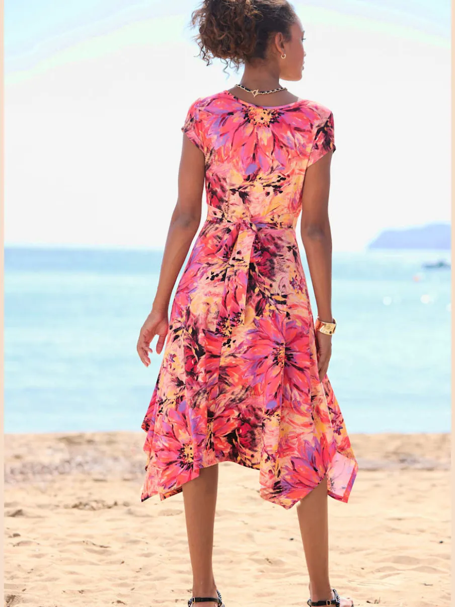Robe d'été col en v imprimée jupe ample viscose douce