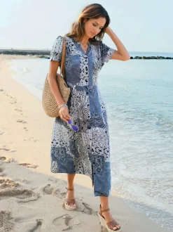 Robe d'été à col rond manches courtes motif patchwork