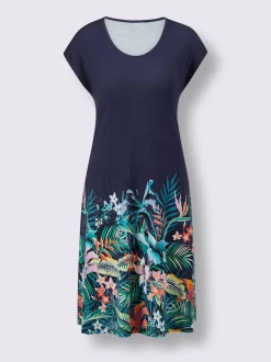 Robe d'été à encolure ronde et mancherons avec motif tropical