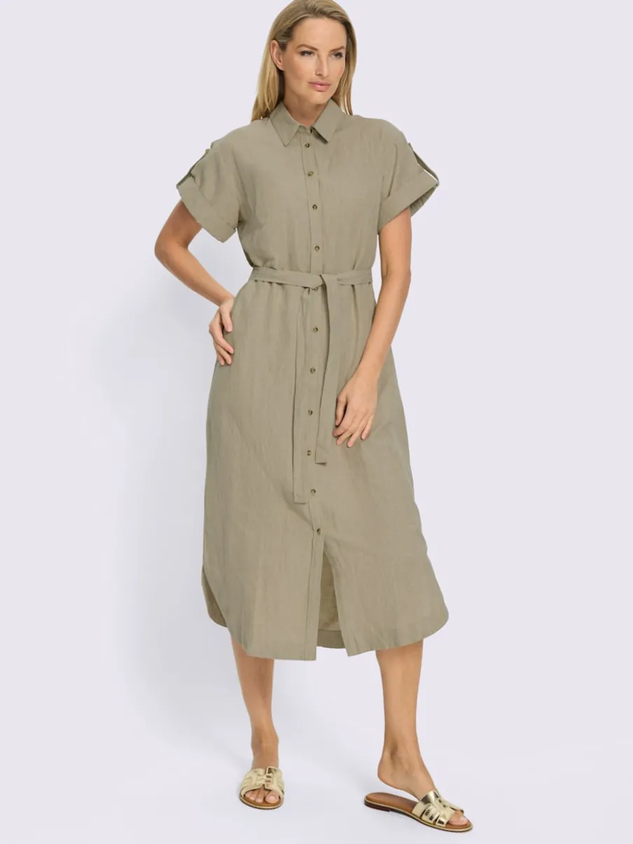 Robe d'été en lin et coton avec manches courtes et ceinture en tissu