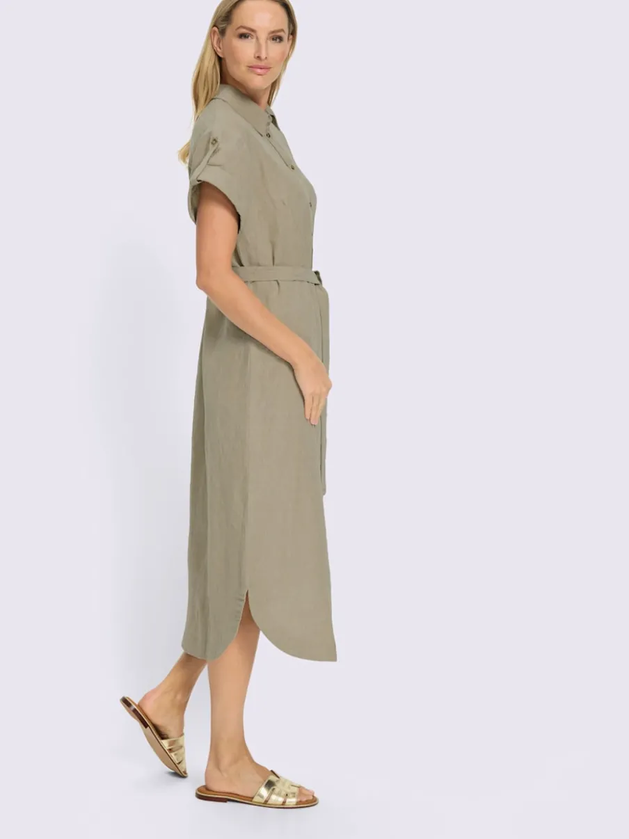 Robe d'été en lin et coton avec manches courtes et ceinture en tissu