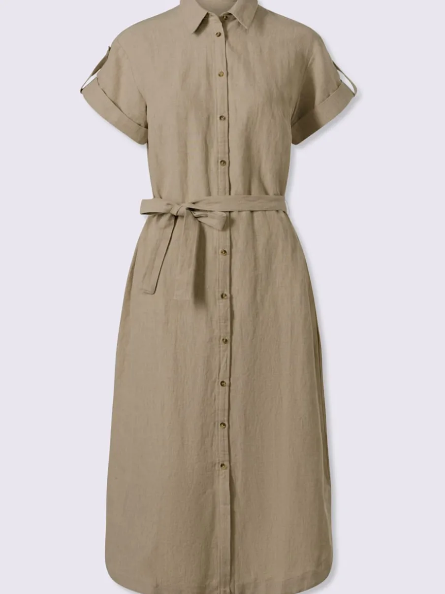 Robe d'été en lin et coton avec manches courtes et ceinture en tissu