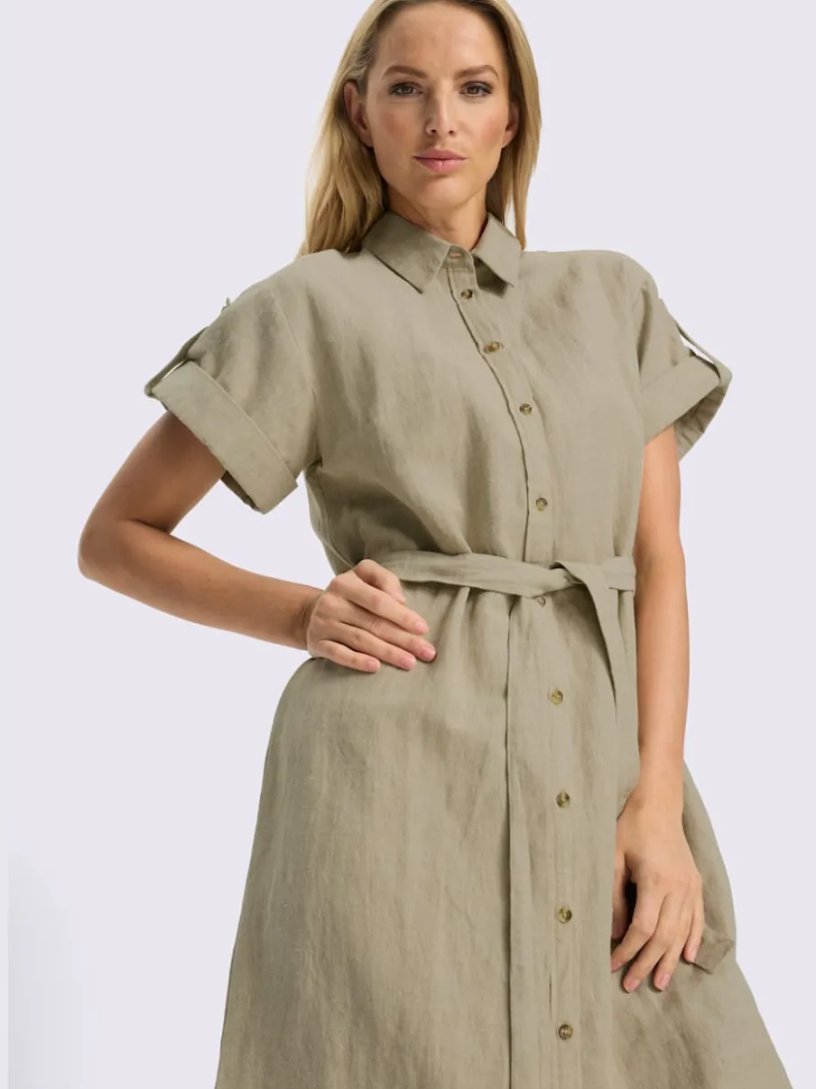 Robe d'été en lin et coton avec manches courtes et ceinture en tissu