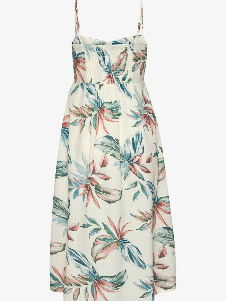 Robe d'été mi-longue sans manches avec bretelles spaghetti et patte de boutonnage