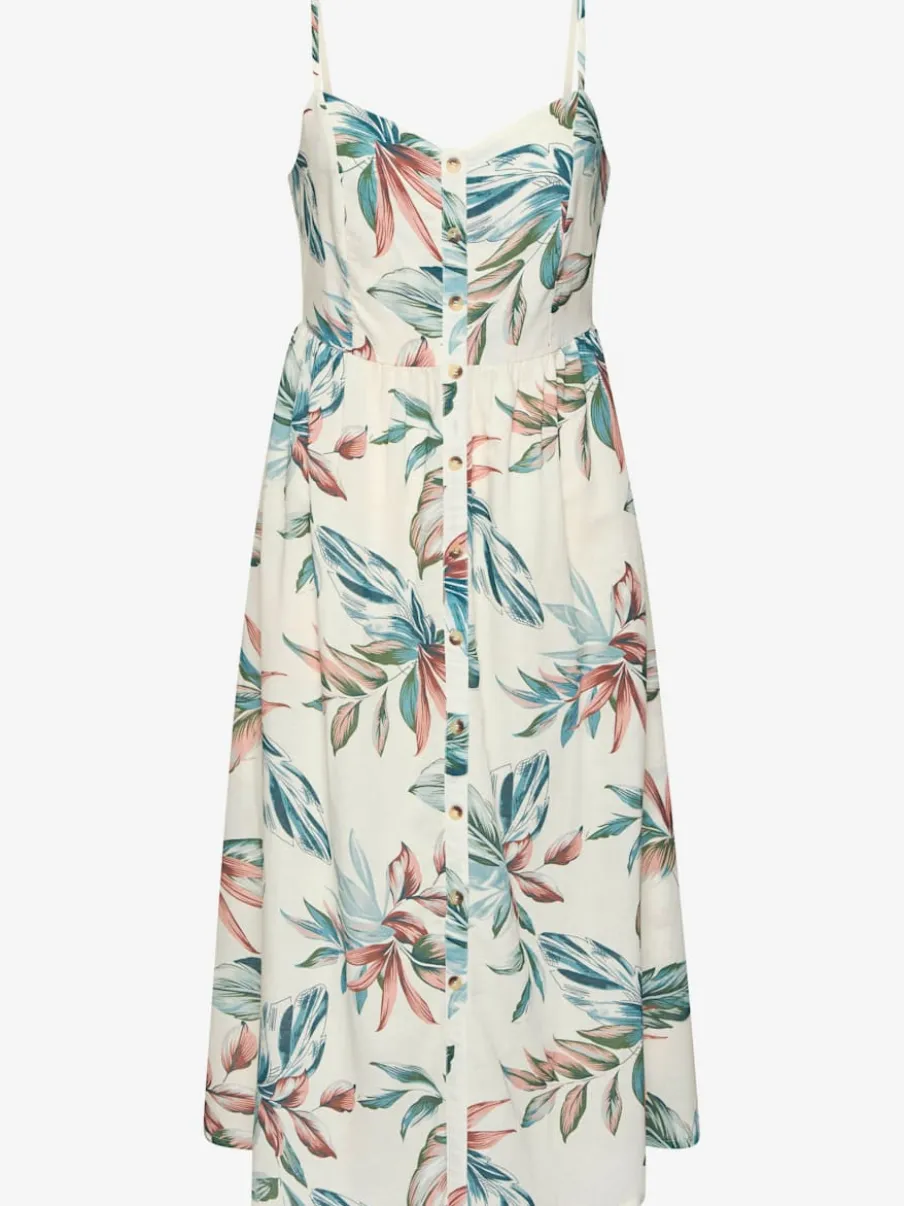 Robe d'été mi-longue sans manches avec bretelles spaghetti et patte de boutonnage