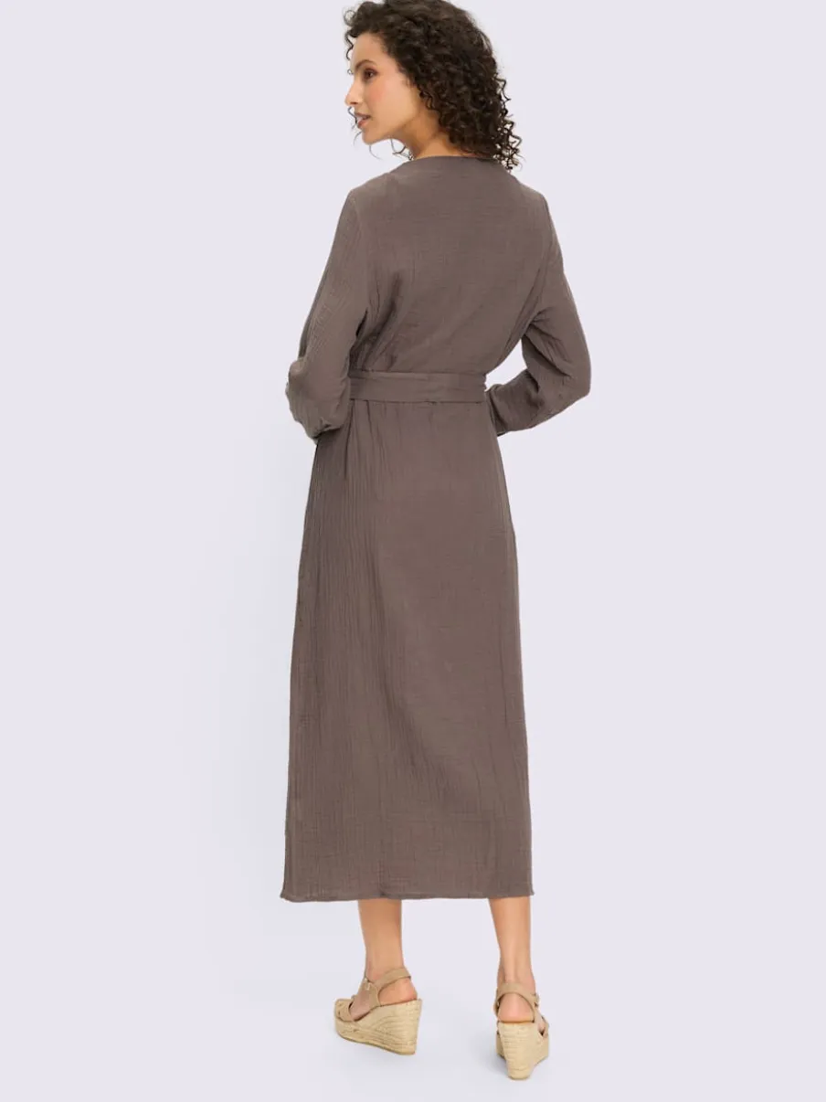 Robe en coton avec encolure en V et manches retroussables