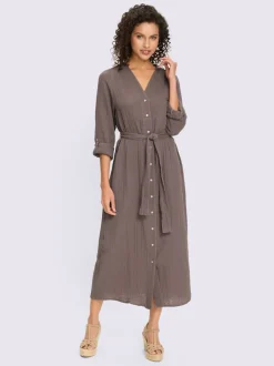 Robe en coton avec encolure en V et manches retroussables